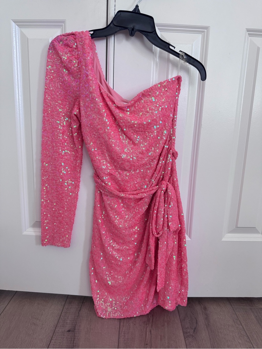 Hot Pink Sequin One Shoulder Dress | Ruched Bodycon Party Dress S